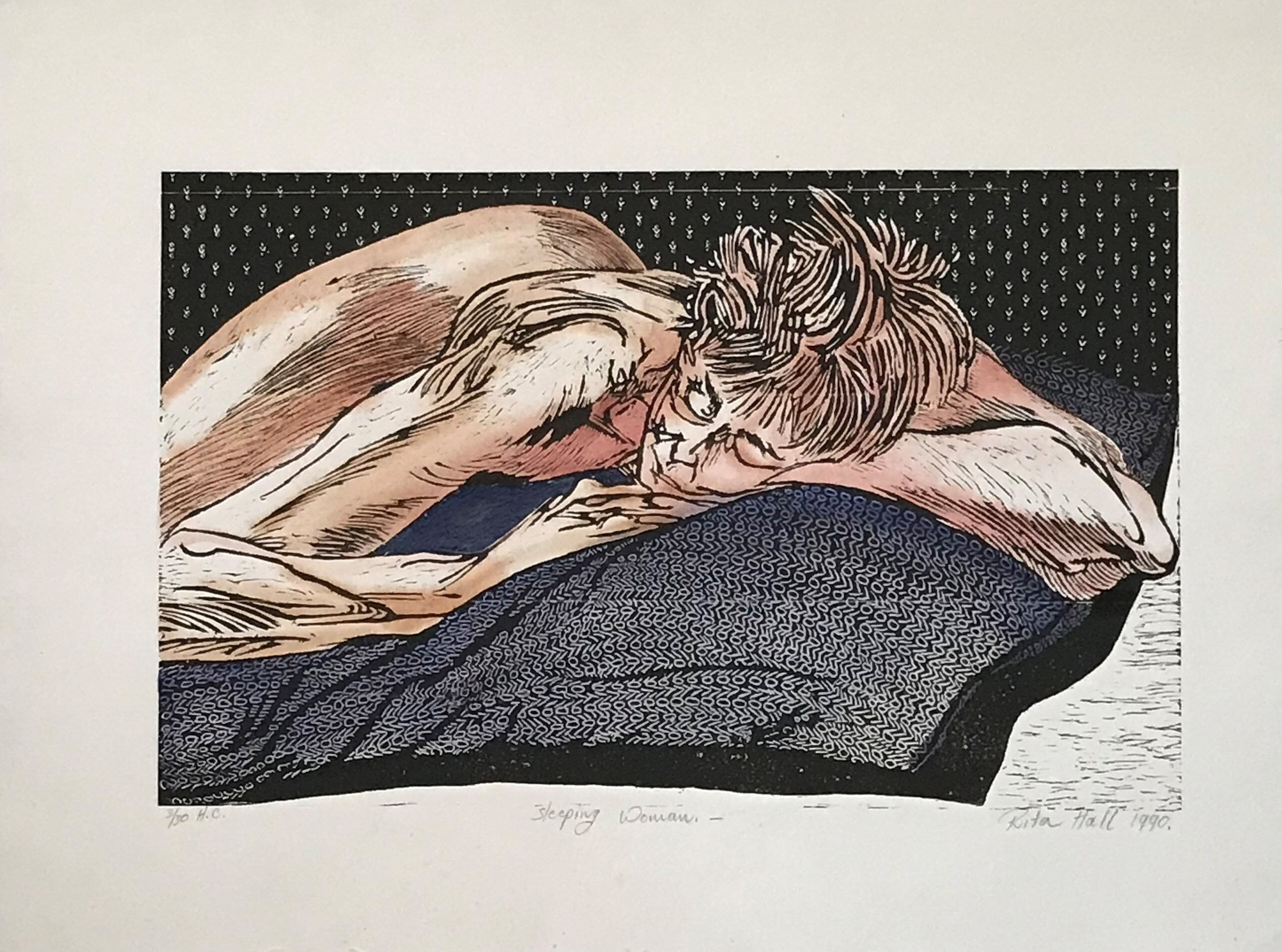 Sleeping Woman 1990 Hand Coloured Woodcut 57 x 76cm