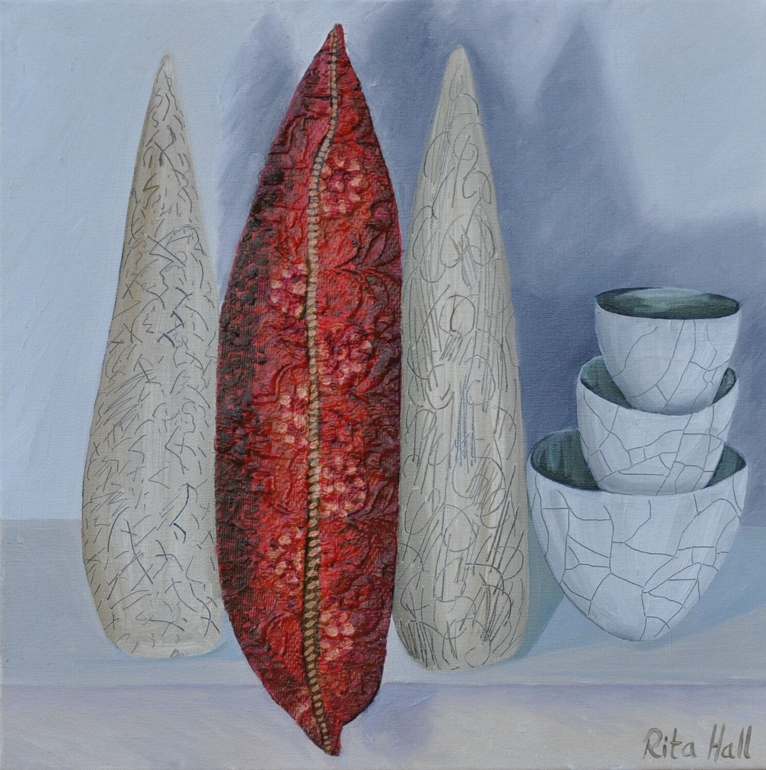 20. Three Bowls Oil and Collage on Canvas 45 x 45cm