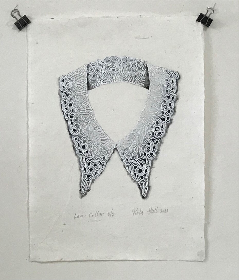 Lace Collar 2021 V Collograph Watercolour on Mulberry Paper 39 x 30cm