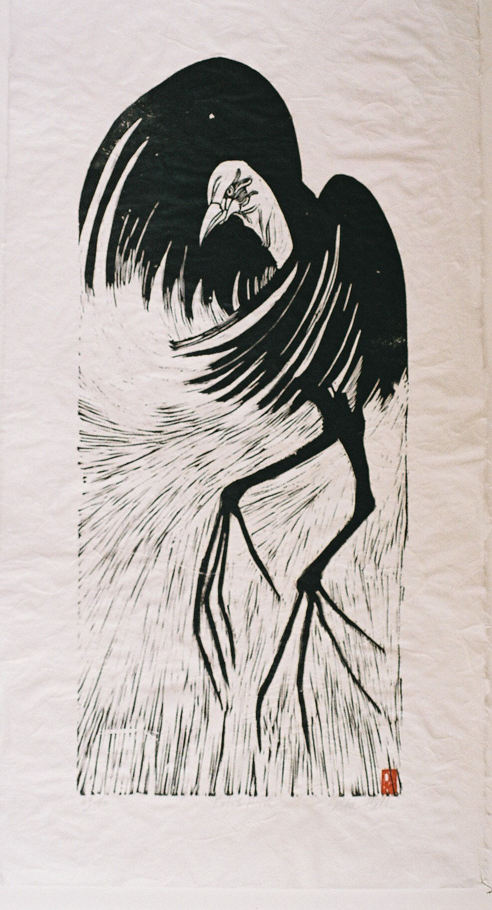 Lotus Bird 1989 Lino Cut 100 x 50cm