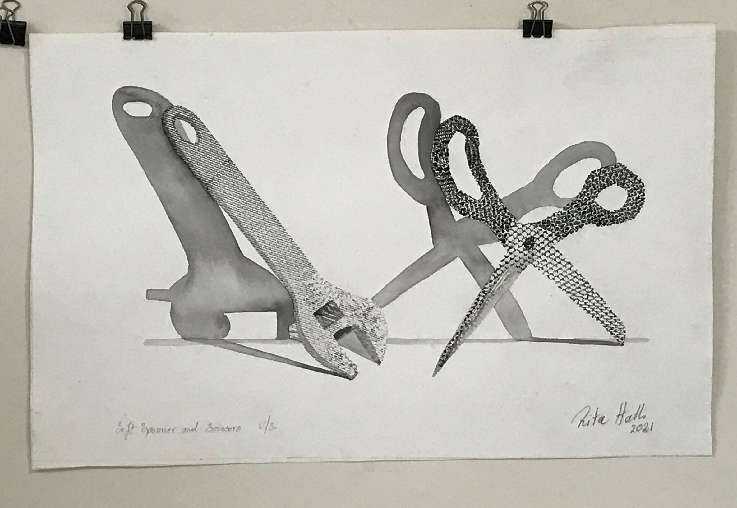 Soft Spanner & Scissors II 2021 Collograph & Watercolour 37 x 56cm