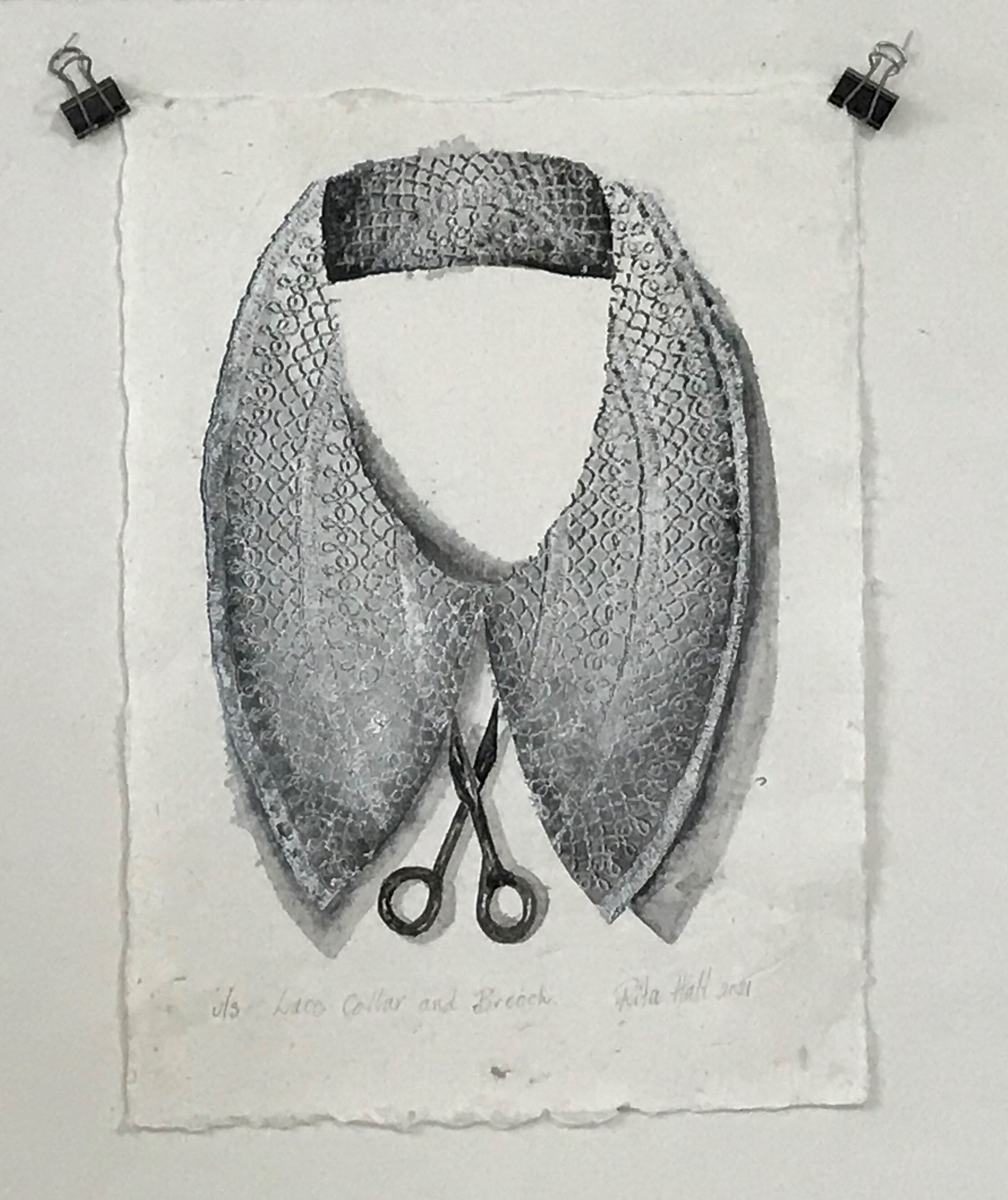 Lace Collar & Brooch IV 2021 Collograph Watercolour on Mulberry Paper  44 x 31cm