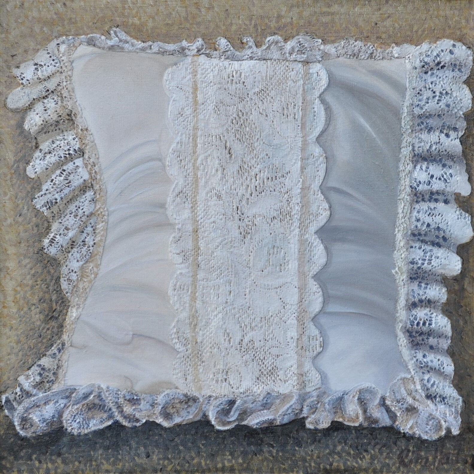 21. Cushion Oil and Collage on Canvas 45 x 45cm