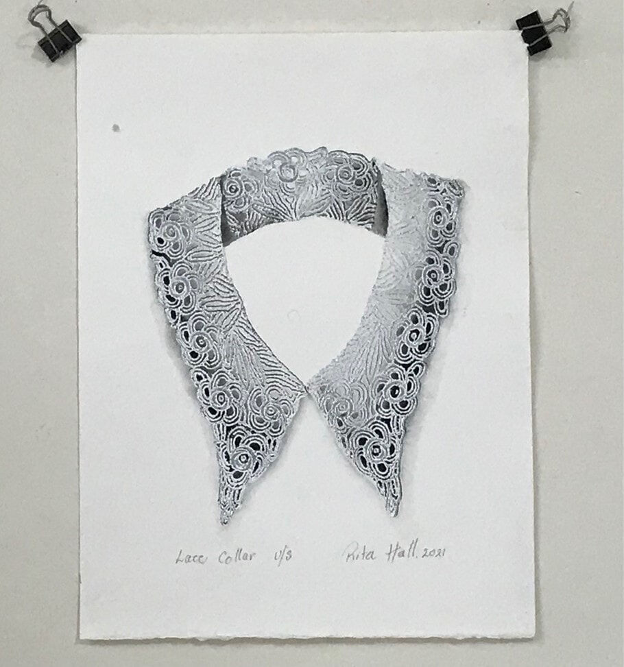 Lace Collar 2021 III Collograph Watercolour 43 x 30cm