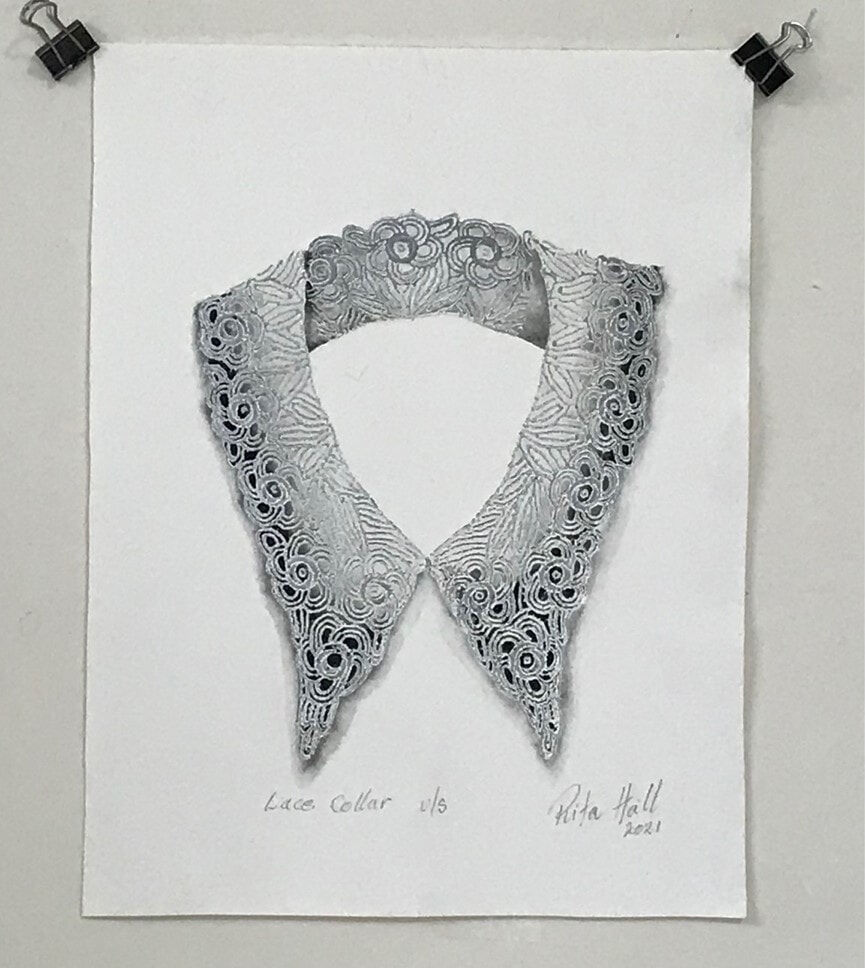 Lace Collar 2021 II Collograph Watercolour 43 x 30cm