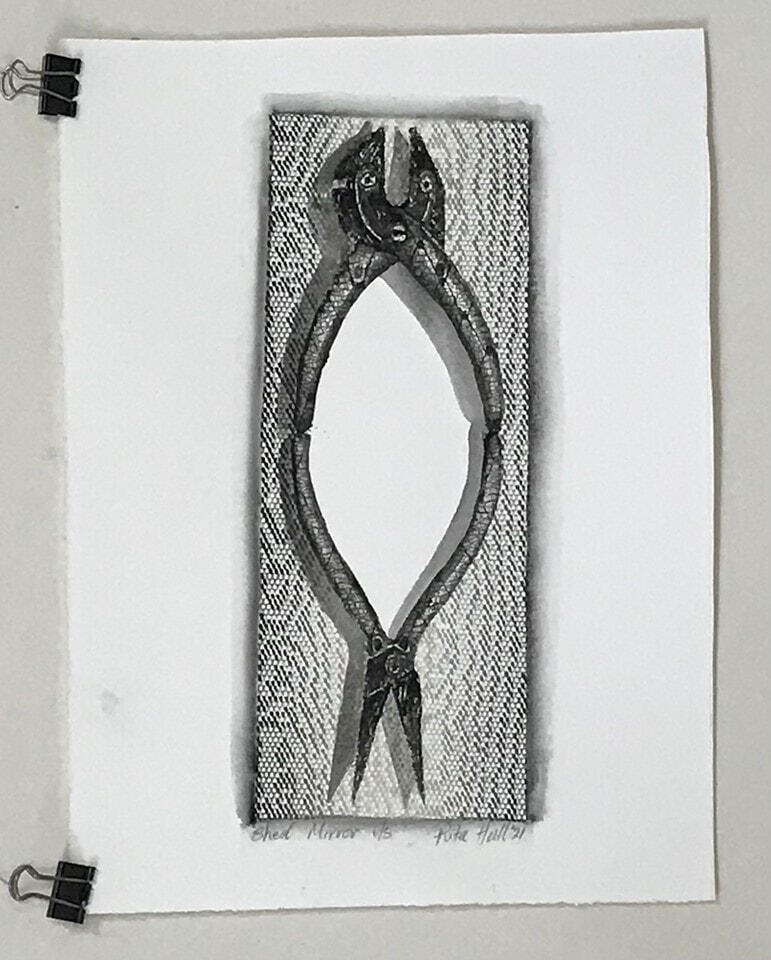 Shed Mirror Collograph II 2021 Watercolour 36 x 16cm