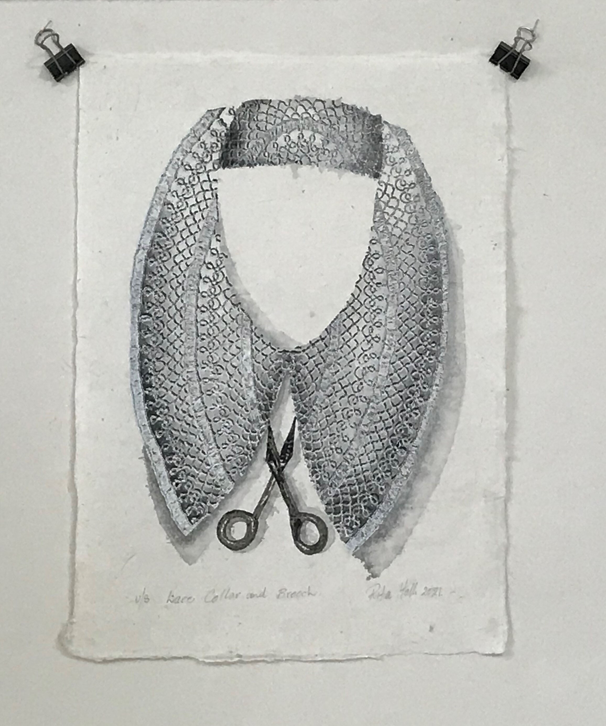 Lace Collar & Brooch V 2021 Collograph Watercolour on Mulberry Paper  44 x 31cm