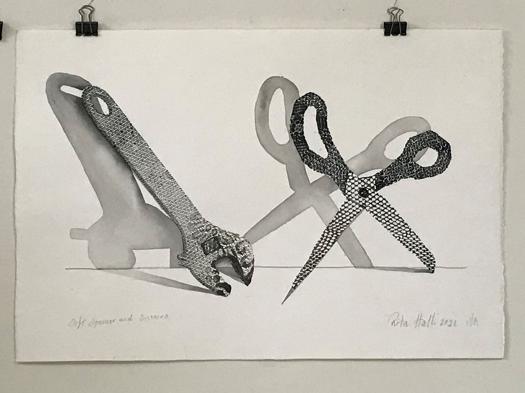 Soft Spanner & Scissors IV 2021 Collograph & Watercolour 37 x 56cm