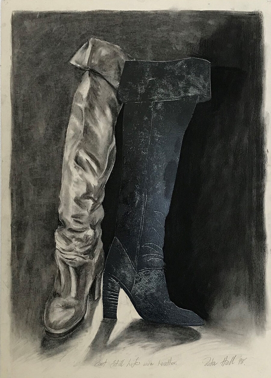 Boot Still Life with Leather 1998 Collograph Charcoal 86 x 61cm