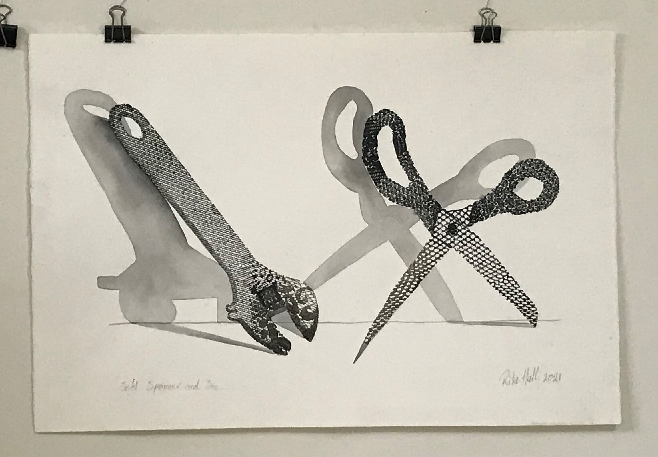 Soft Spanner & Scissors III 2021 Collograph & Watercolour 37 x 56cm