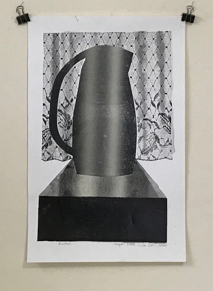 Kettle V 2020 Collograph Watercolour 51 x 33cm