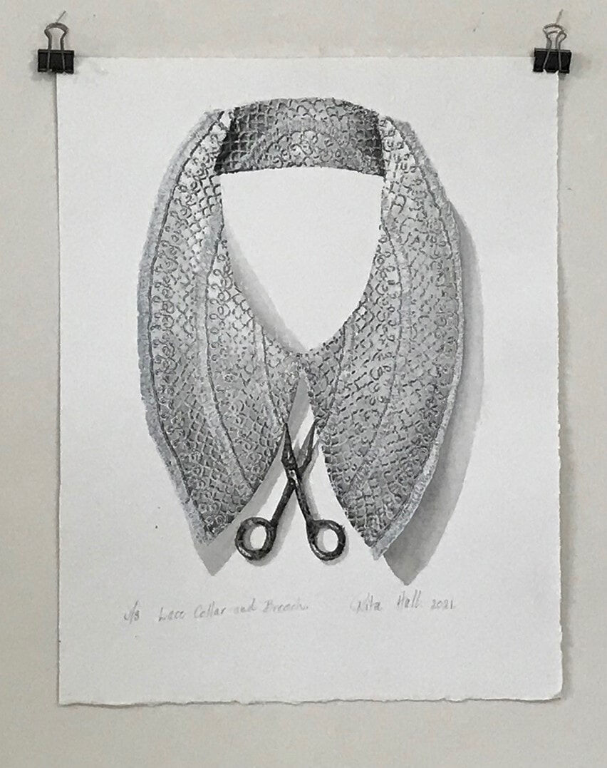 Lace Collar & Brooch III 2021 Collograph Watercolour 45 x 33cm