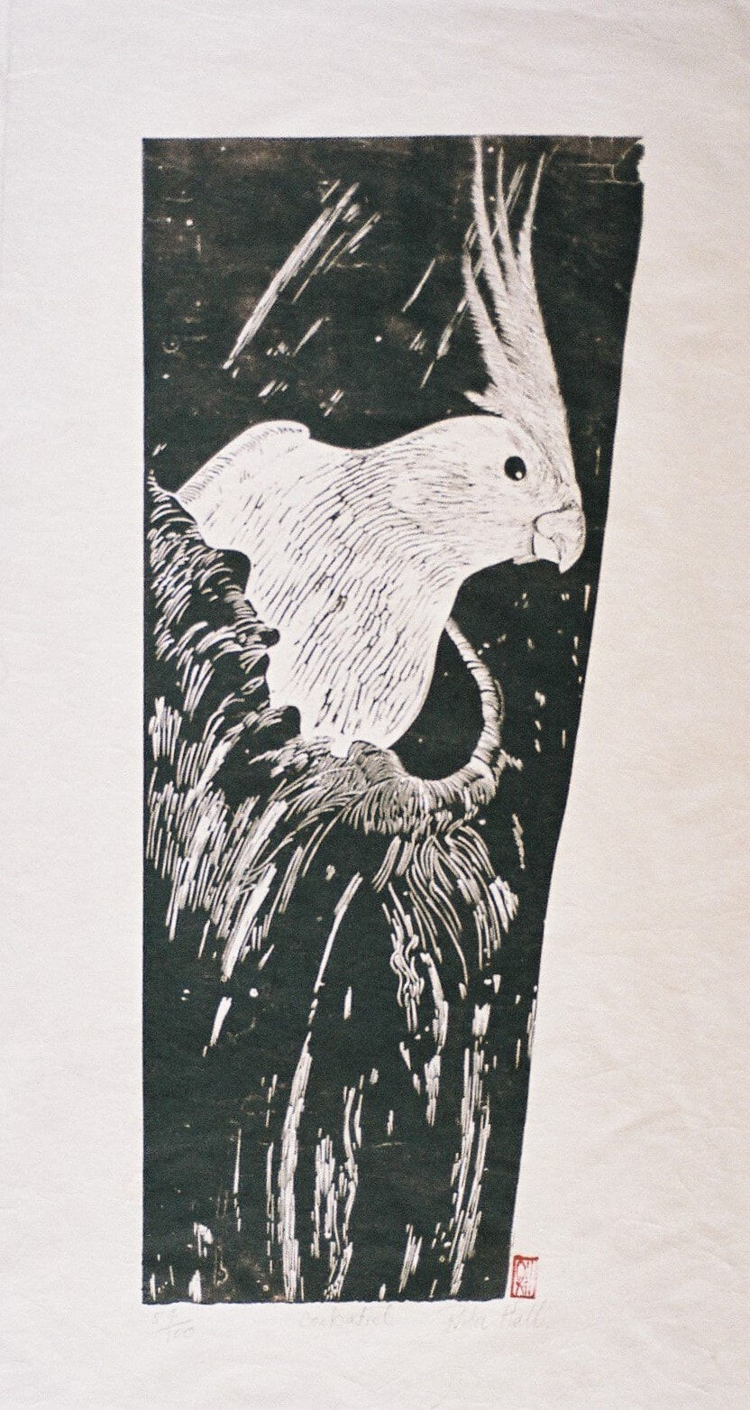 Cockatiel 1989 Lino Cut 100 x 50cm